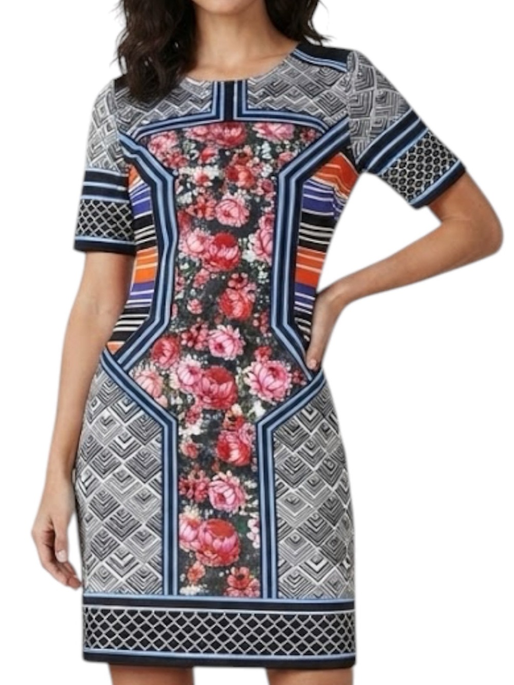 Anthropologie Jealous Tomato Floral Scuba Colorblock Shift Mini Dress M